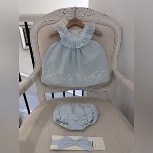 🦢 3~6 Mth Joie Baby Blue Dress with Ruffles & Floral Embroidery 3 Piece NWT